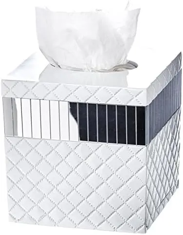 Quilted Mirror White Square Resin Tissue Box Cover with Bottom Slider