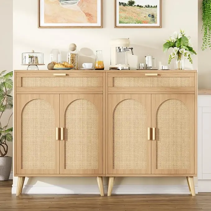 Rattan Buffet Sideboard Set of 2, Boho Buffet Cabinet