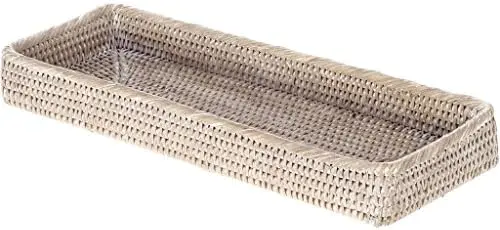 Rattan Vanity Tray Perfume Makeup Bathroom Organizer White Wash