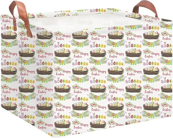 Rectangular Easter Eggs Basket Empty,Toys Storage Bin with Handles,Room Decor,Gift Basket(Garland Easter Egg)