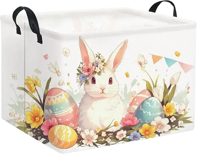 Rectangular Easter Kids Storage Gift & Toy Bin Organizer Shelf Book Basket Room Decor (Flag Easter Bunny)