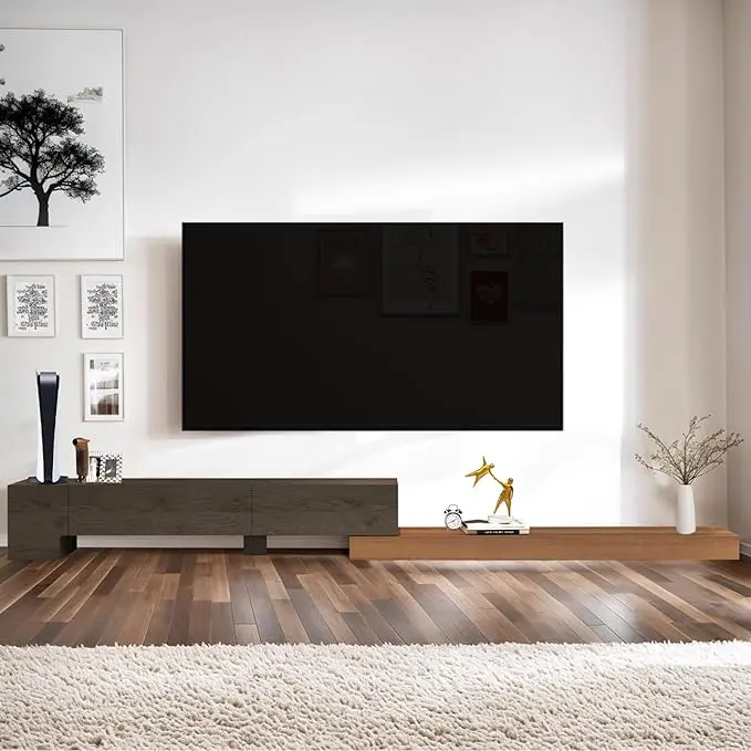 Retractable TV Stand, Solid Wood Minimalist TV Shelf, Mid-Century TV Console