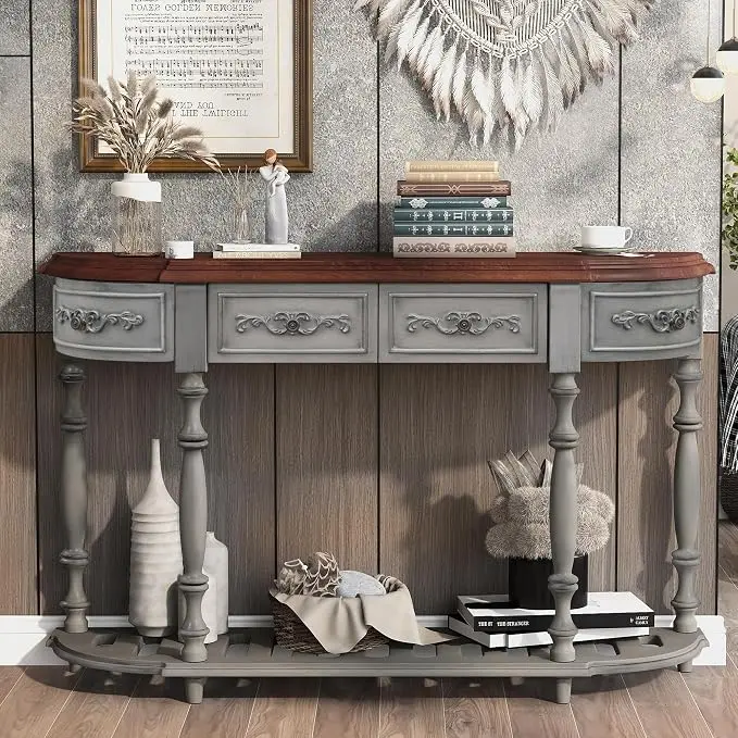 Retro Wood Curved Entryway Console Table 52-Inch Half Moon Hall Entryway Sofa