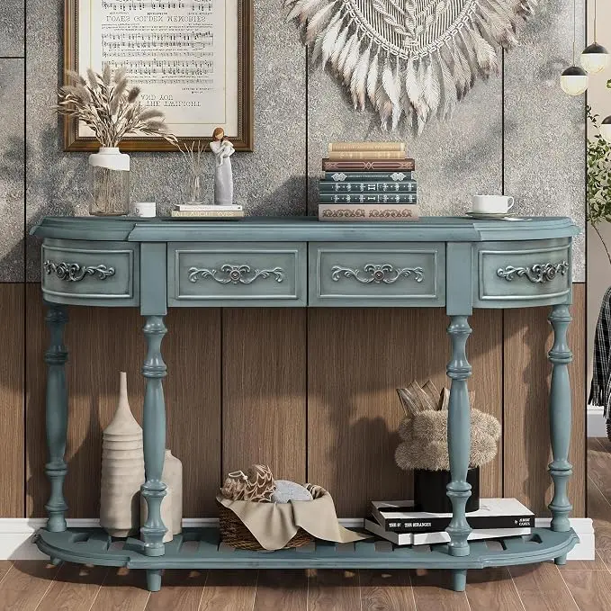 Retro Wood Curved Entryway Console Table 52-Inch Half Moon Hall Sofa Table