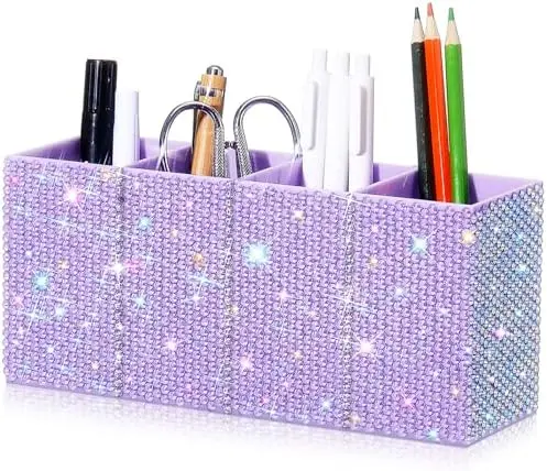 Rhinestone Desk Organizer, Purple Pen Makeup Brush Holder