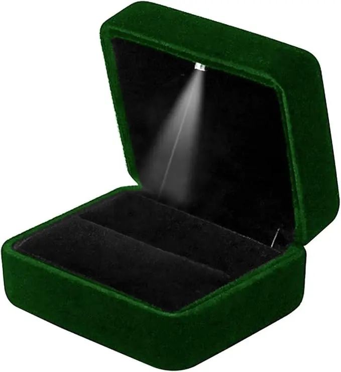 Ring Box with LED Light Velvet Emerald Jewelry Box