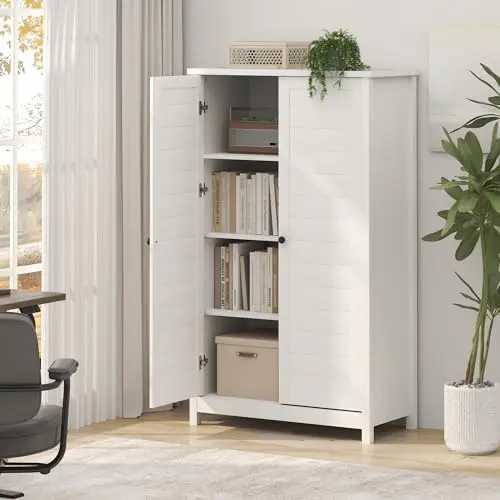 Robin Storage Cabinet, 4-Tier Pantry Cabinet, 2-Door, Plain White