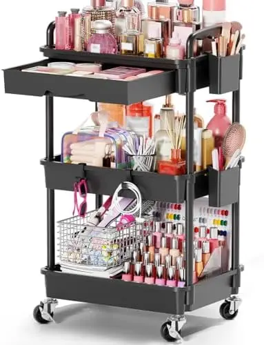 Rolling Makeup Organizer Cart with Removable Drawer, 3 Tier Black
