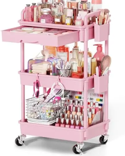 Rolling Makeup Organizer Cart with Removable Drawer, 3 Tier Pink