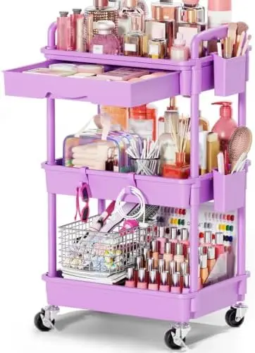 Rolling Makeup Organizer Cart with Removable Drawer, 3 Tier Purple