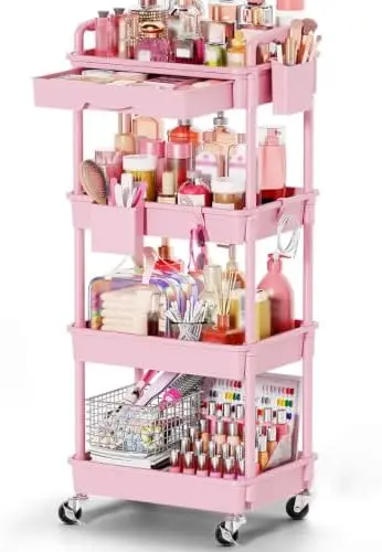 Rolling Makeup Organizer Cart with Removable Drawer, 4 Tier Pink