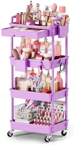 Rolling Makeup Organizer Cart with Removable Drawer, 4 Tier Purple