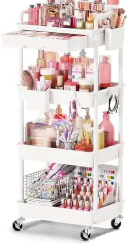 Rolling Makeup Organizer Cart with Removable Drawer, 4 Tier White