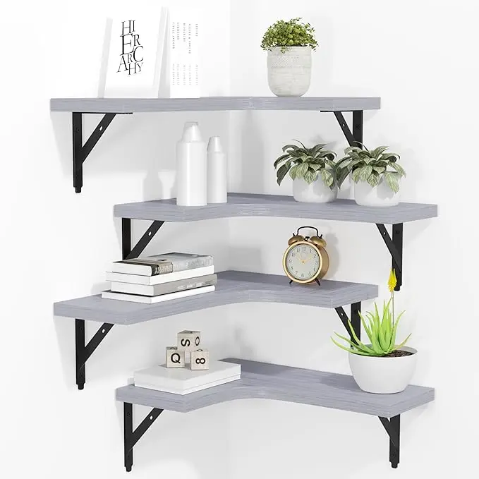 ROMGUAR CRAFT Corner Floating Shelves Wall Mounted Set of 4, Rustic Wood