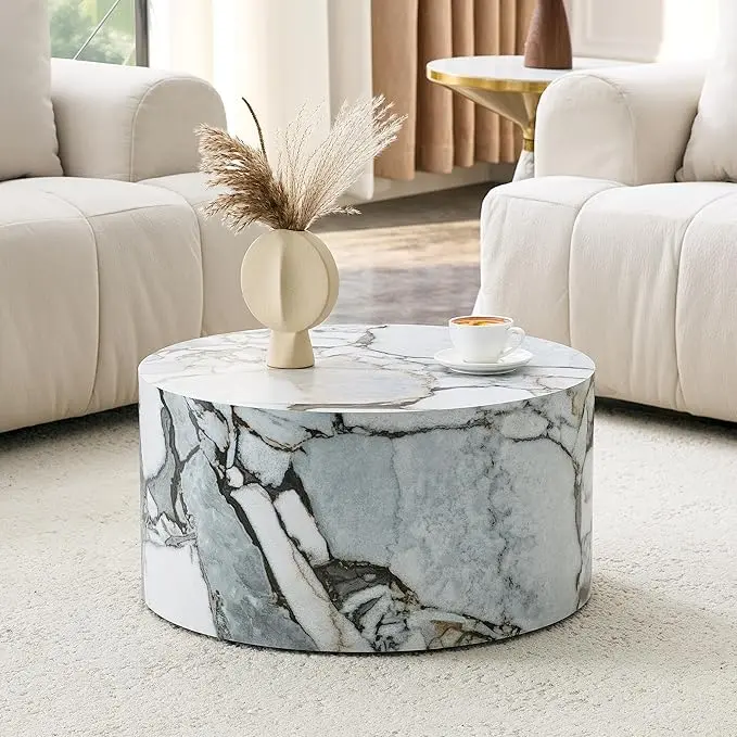 Round Coffee Table, 23.6" Modern Faux Marble Drum Coffee Table, Round Accent