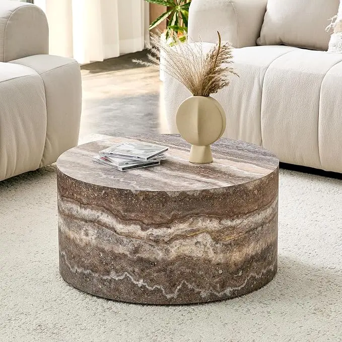 Round Coffee Table, 23.6" Modern Grey Faux Marble Drum Coffee Table, Round