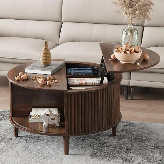Round Coffee Table with Storage, Fluted Lift Top Coffee Table