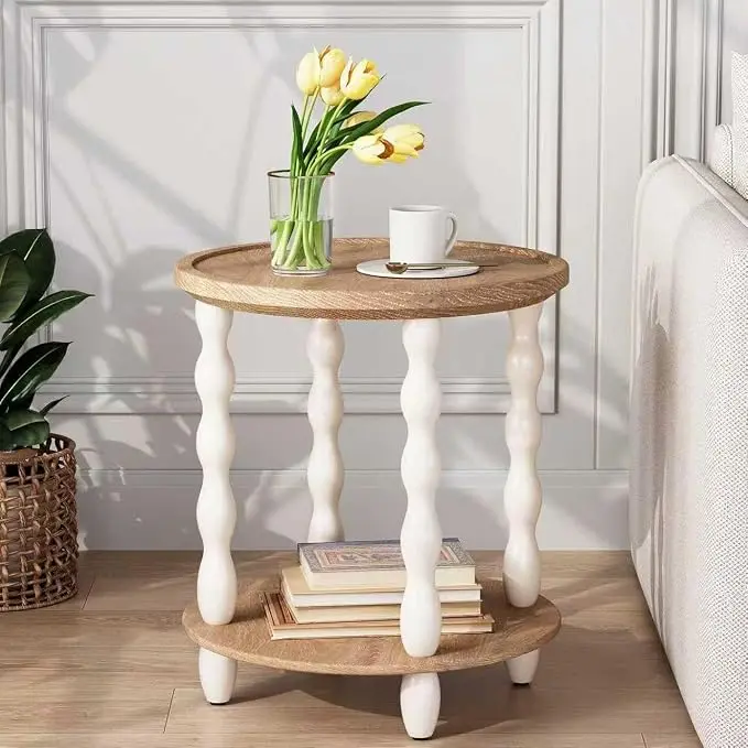 Round End Table, 2-Tier Farmhouse End Table, 18.5'' Handcrafted Weathered Look