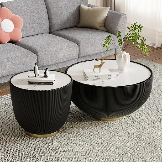 Round Marble Coffee Table Set of 2, 2 Piece Coffee Table and End Table