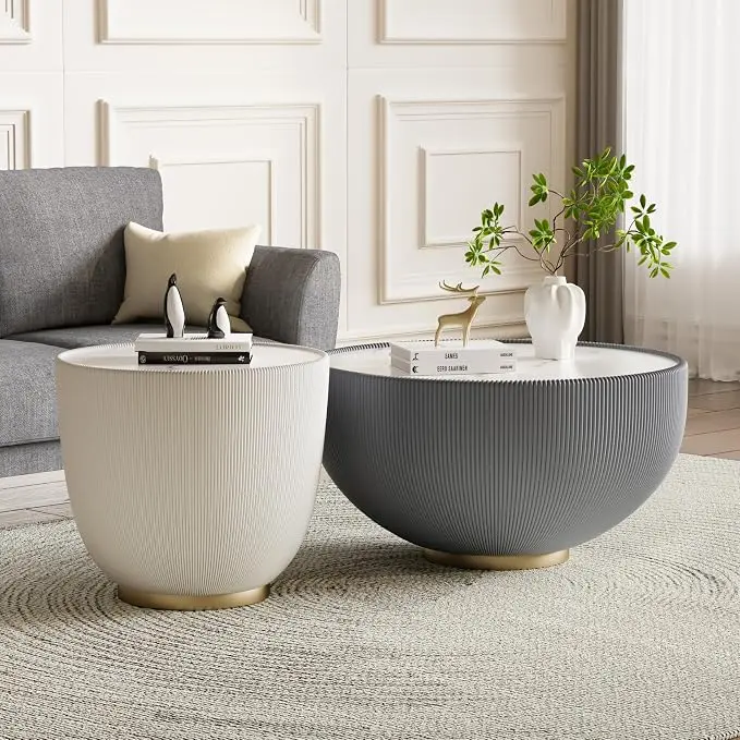 Round Marble Coffee Table Set of 2, 2 Piece White Coffee Table and End Table