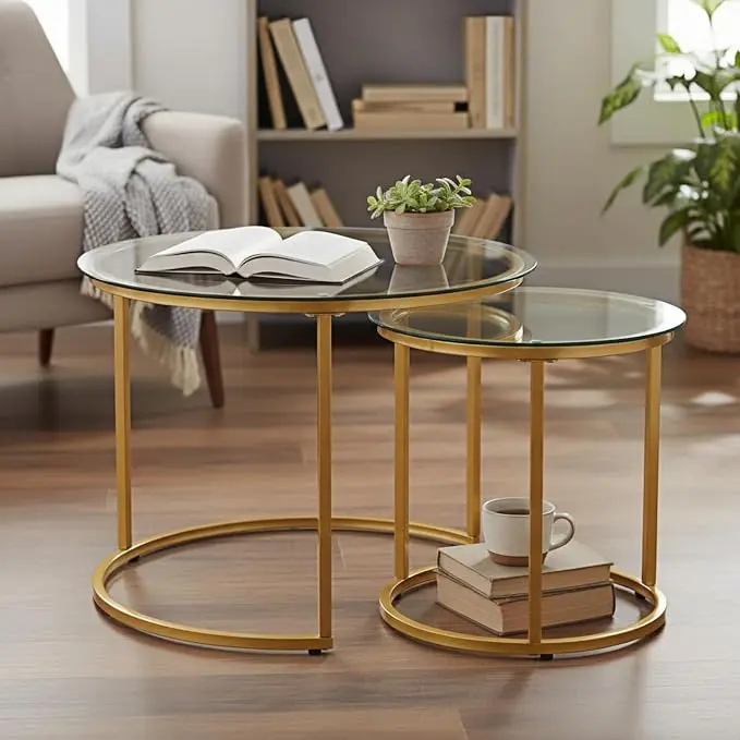 Round Nesting Coffee Table Set of 2, Modern Glass Nesting Tables, Stacking