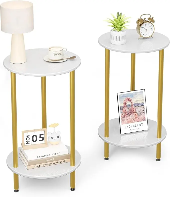 Round Side Table Set of 2, 2-Tier Modern Accent Table, Small Bedside Table