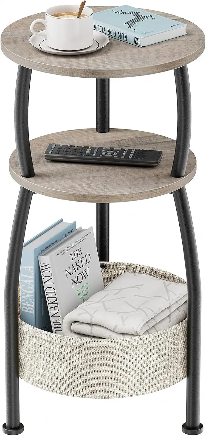 Round Side Table with Storage Basket –Small Space Saving End Table 3-Tier