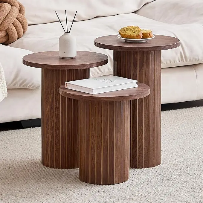 Round Side Tables Set of 3, Circle Modern Fluted Nesting Coffee Table, Accent