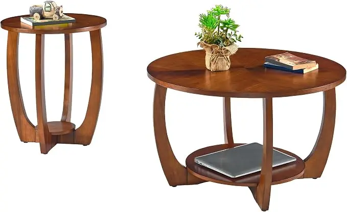 Round Solid Wood Coffee & End Table Set, 2-Piece Solid Wood Living Room Table
