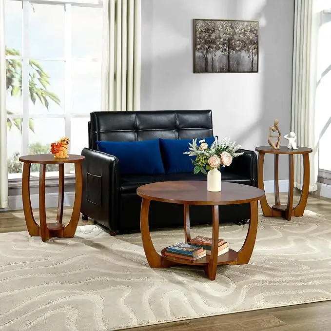 Round Solid Wood Coffee & End Table Set, 3-Piece Solid Wood Living Room Table