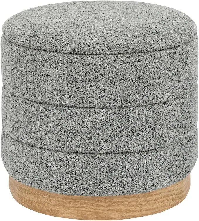 Round Storage Ottoman with Reversible Tray Lid, Folding Chenille Fabric