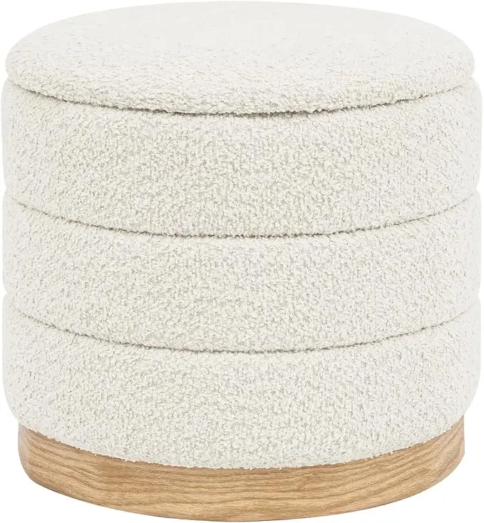 Round Storage Ottoman with Reversible Tray Lid, Folding Chenille Fabric