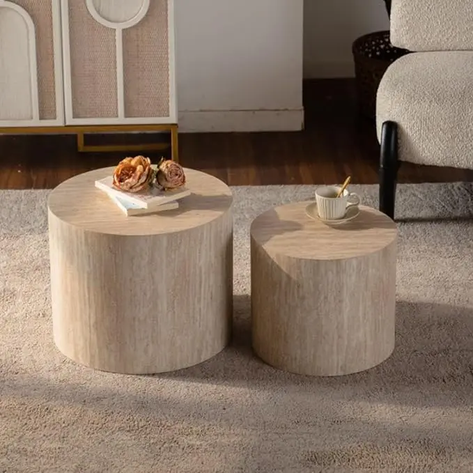 Round Wooden Nesting Coffee Table Set of 2, Circle Modern Accent End Side Table