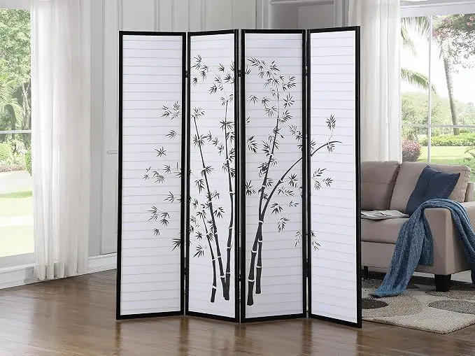 Roundhill Bamboo Print 4-Panel Framed Room Screen/Divider