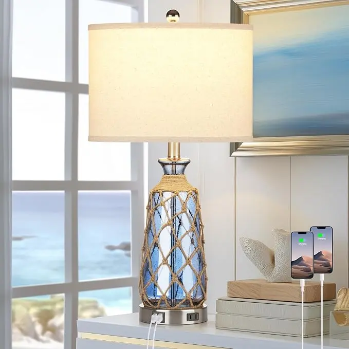 Ruzectt Coastal Glass Table Lamps, 3-Way Dimmable Touch Control Bedside Lamps