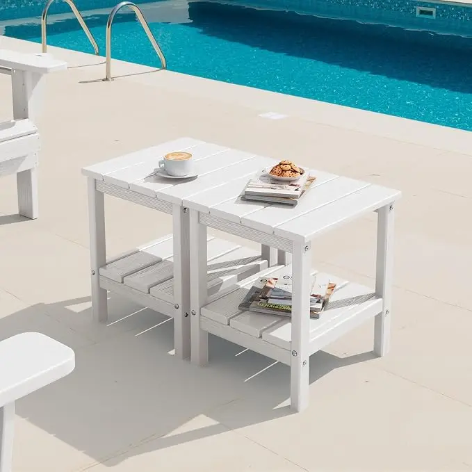 SERWALL 2-Tier HDPE Outdoor Side Tables Set of 2, Weatherproof Rectangular