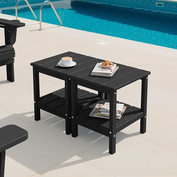 SERWALL 2-Tier HDPE Outdoor Side Tables Set of 2, Weatherproof Rectangular