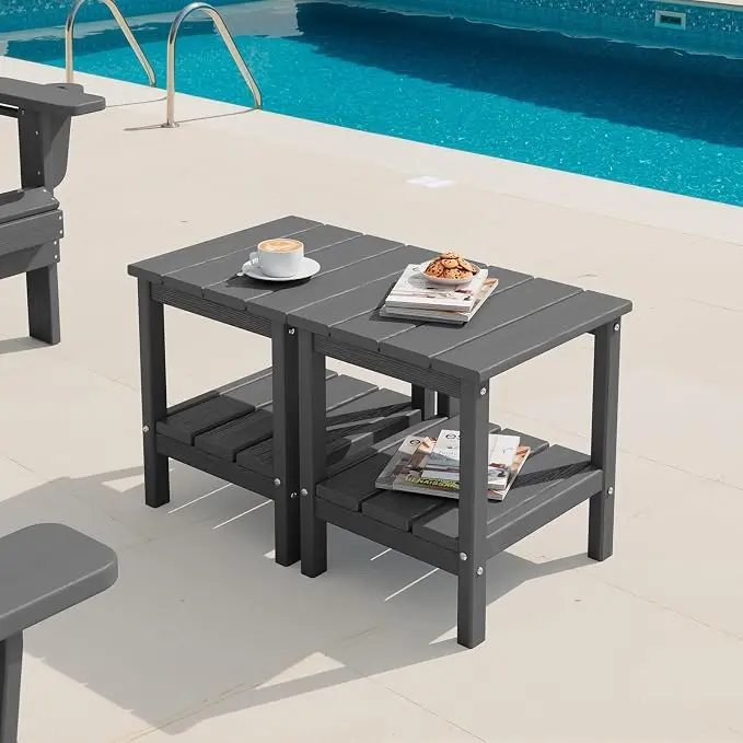 SERWALL 2-Tier HDPE Outdoor Side Tables Set of 2, Weatherproof Rectangular