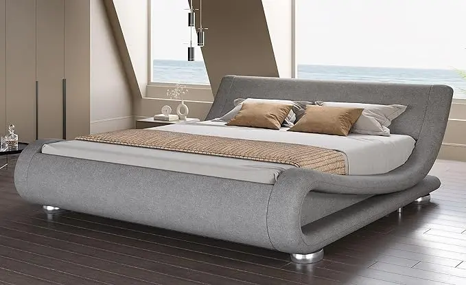 SHA CERLIN Full Size Upholstered Bed Frame, Deluxe Low Profile Sleigh Bed