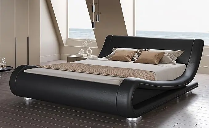 SHA CERLIN Full Size Upholstered Bed Frame, Deluxe Low Profile Sleigh Bed
