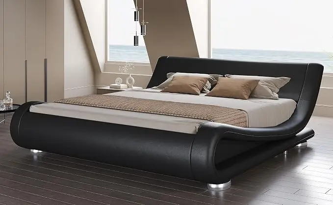 SHA CERLIN King Size Upholstered Bed Frame, Deluxe Low Profile Sleigh Bed