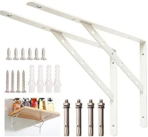 Shelf Brackets 16 Inch, Heavy Duty 90 Degree Floating Wall Shelves Brackets Triangle Shelf Brackets, Solid Stainless Steel Decorative Angle Brackets, 2-Pack (White)
