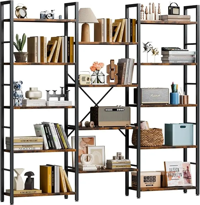 Shintenchi Triple Column 5 Tier Bookshelf, Industrial Large Bookcase Display