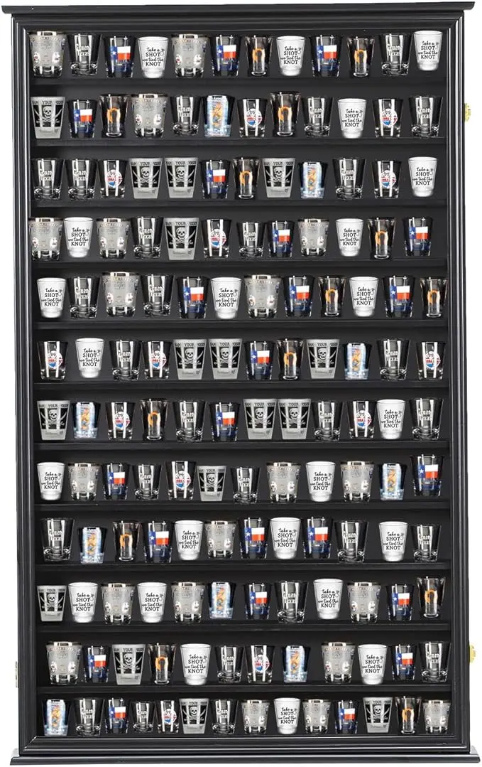 Shot Glass Storage Display Case Large Solid Wood Cabinet Rack Holder Wall