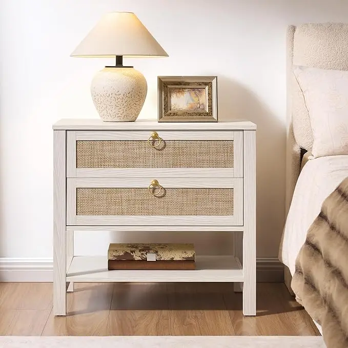 SICOTAS 26.7" Wide Boho Rattan Nightstand, Large Side Table