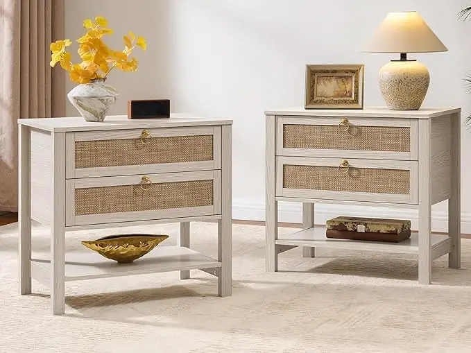 SICOTAS Boho Rattan Nightstand Set of 2, 26.7" Extra Wide Bedside Table