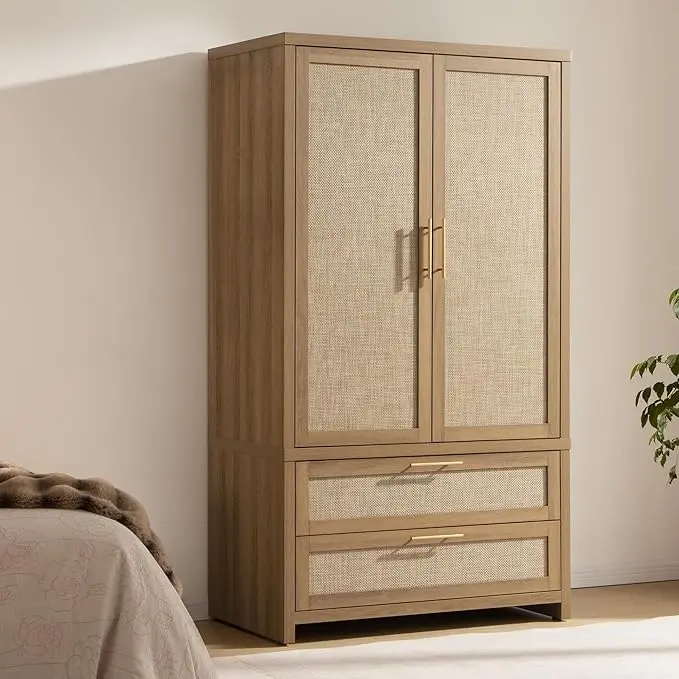 SICOTAS Rattan Armoire Wardrobe Closet Cabinet, Boho Large-Capacity Deep