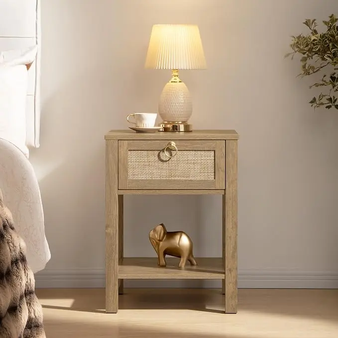 SICOTAS Rattan Nightstand, Rattan Decor Drawer
