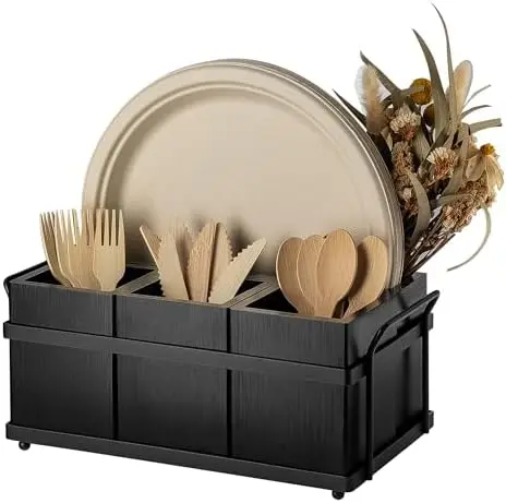 Silverware Caddy Black Wood Silverware Holder Paper Plate Dispenser