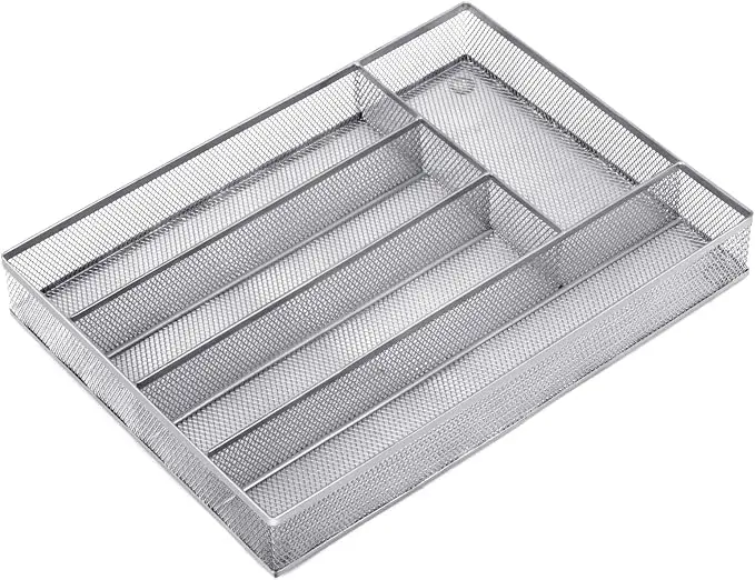 Silverware Drawer Organizer, Silver, 5 Compartment | Mesh Wire, Non-Slip Feet, Cutlery Tray, Flatware Storage Divider